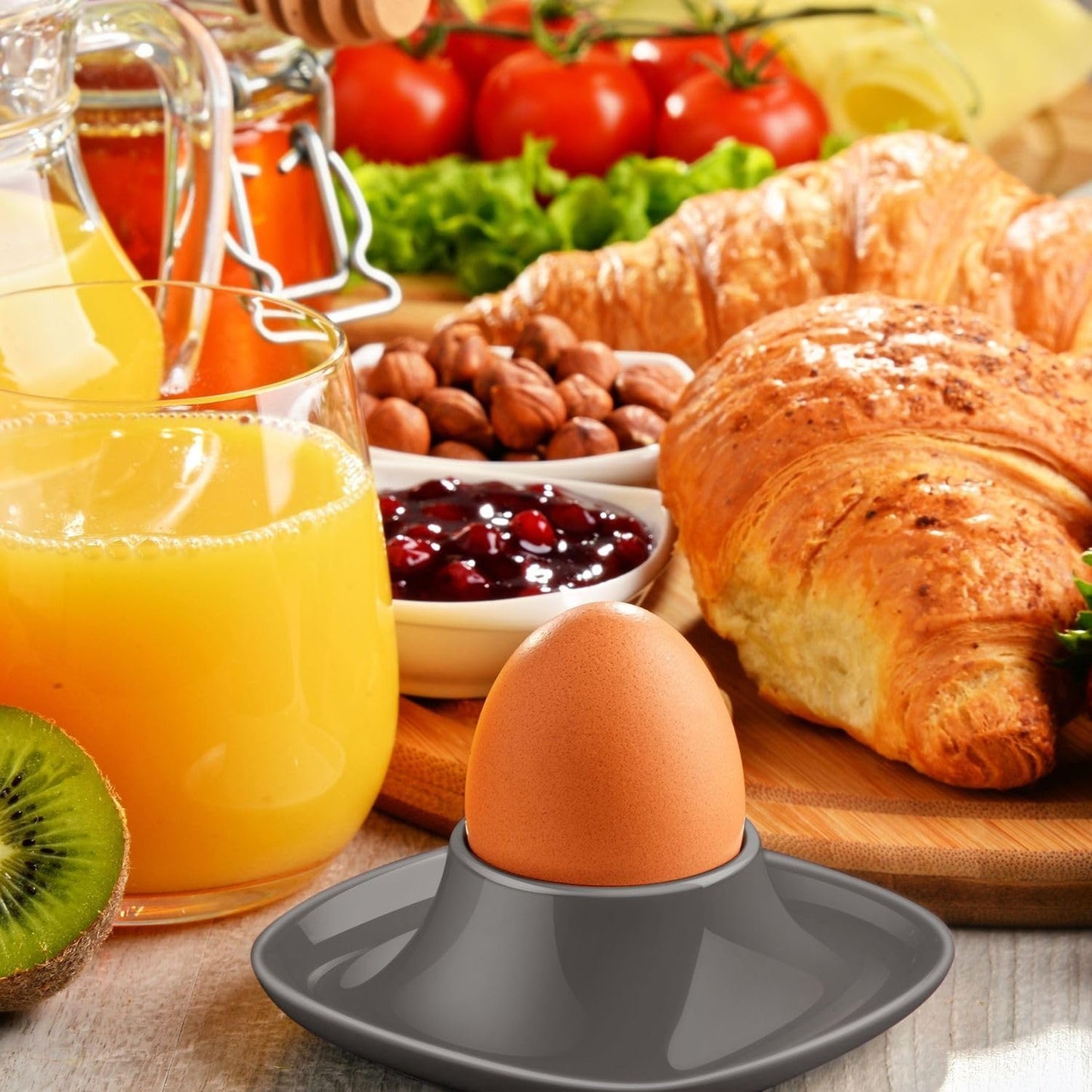 Flexzion Soft Boiled Egg Holder Set - 4-Piece Gray Ceramic Egg Cup, Stackable Egg Coddler Cups with Base for Serving, Breakfast, Brunch - Kitchen Table Decor, Gray