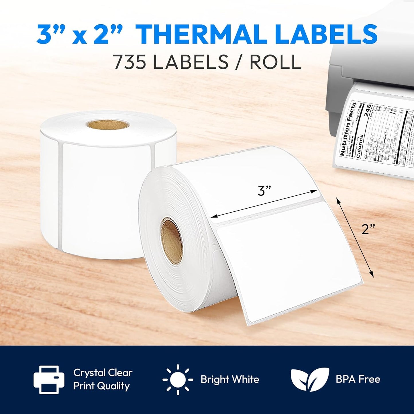 3x2 Direct Thermal Label, Barcode Address Mailing Name Shipping Labels, Perforated Thermal Stickers, Multipurpose, Commercial Grade for Thermal Printer, Strong Adhesive, 735/Roll, 4 Rolls