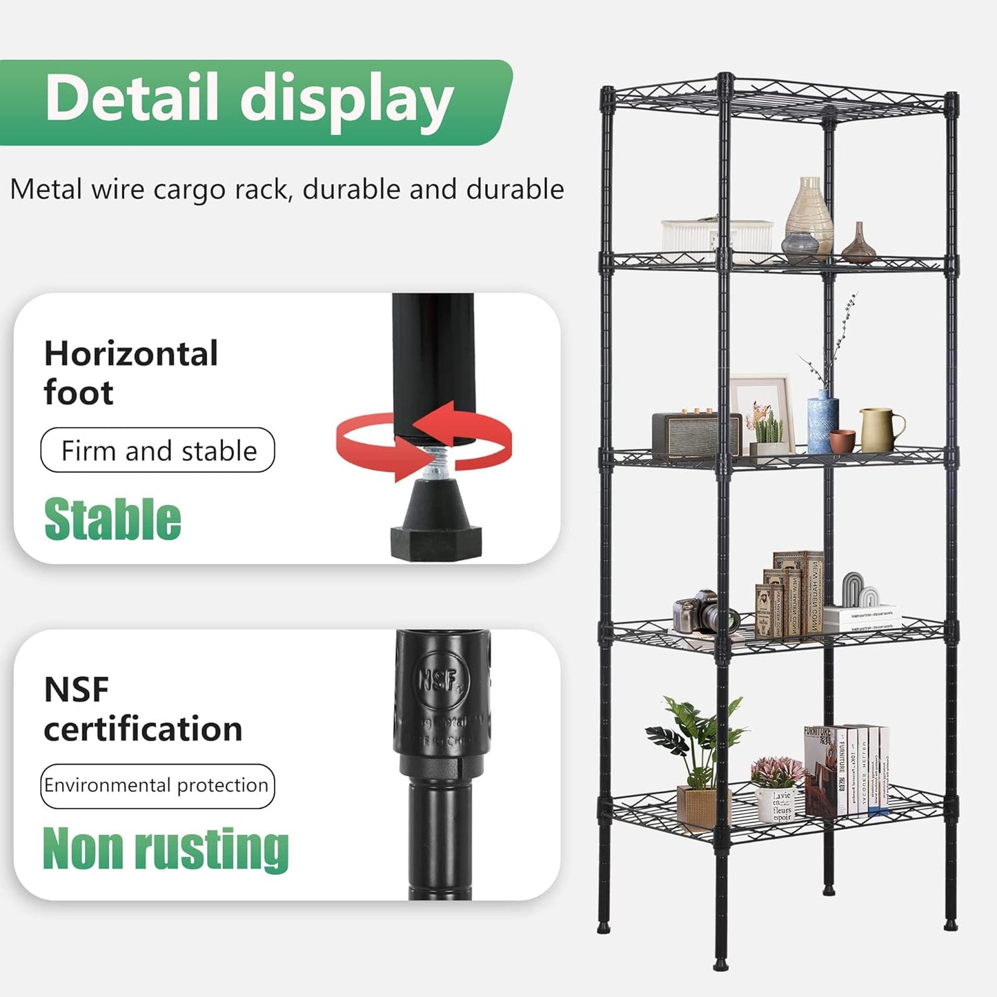 FDW 17L x 12W x 48H Wire Shelving 5 Tier Adjustable Metal Shelves NSF Pantry Shelves Storage Rack Shelving Units for Kitchen Garage Small Places Commercial,Black