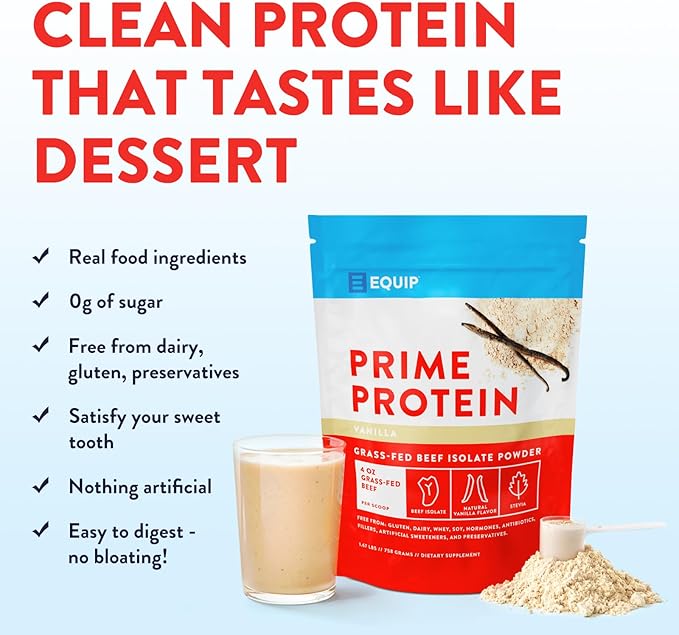 Equip Foods Prime Protein Powder | Clean, Grass Fed Beef Protein Isolate | Carnivore Protein Powder | Paleo, Keto Friendly | Gluten, Dairy Free | Helps Build & Repair Tissue | 30 Servings, Vanilla