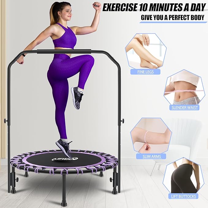 Newan 40" Silent Mini Trampoline with Adjustable Handle Bar Fitness Trampoline Bungee Rebounder Jumping Cardio Trainer Workout for Adults - Max Limit 330 lbs