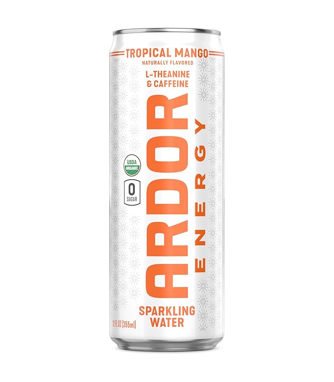 ARDOR ENERGY Sparkling Water with 100mg Natural Caffeine & 200mg L-Theanine from Organic Green Tea for Smooth Energy & Focus | Healthy Energy Drink | No Sugar, Zero Calories, Vegan, Gluten-Free | Tropical Mango (Pack of 12, 12oz cans)