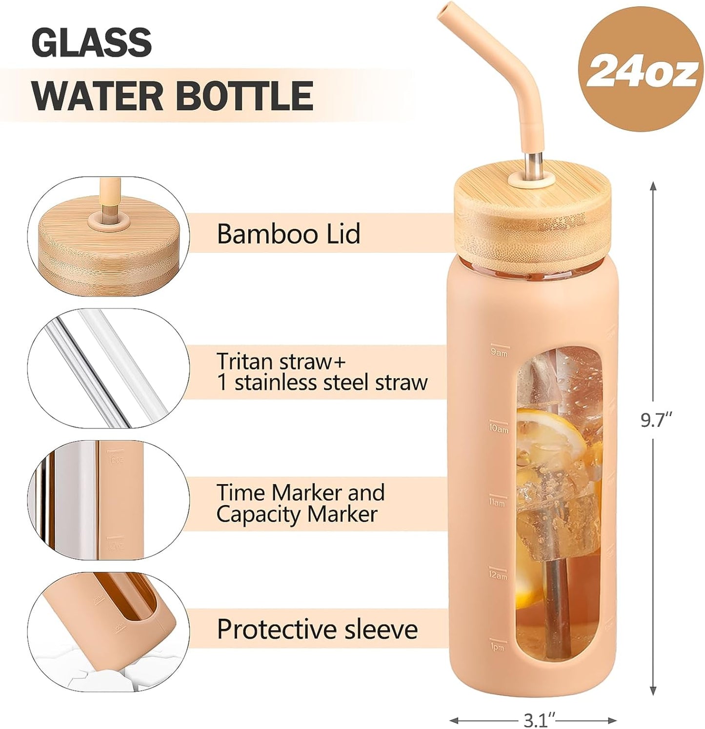 Glass Water Bottle with Straw, 24oz Glass Drinking Bottle with 2 Lids-Bamboo and Spout Lid with Phone Holder Handle for Gym Sports,with Silicone Sleeve and Time Marker,Amber