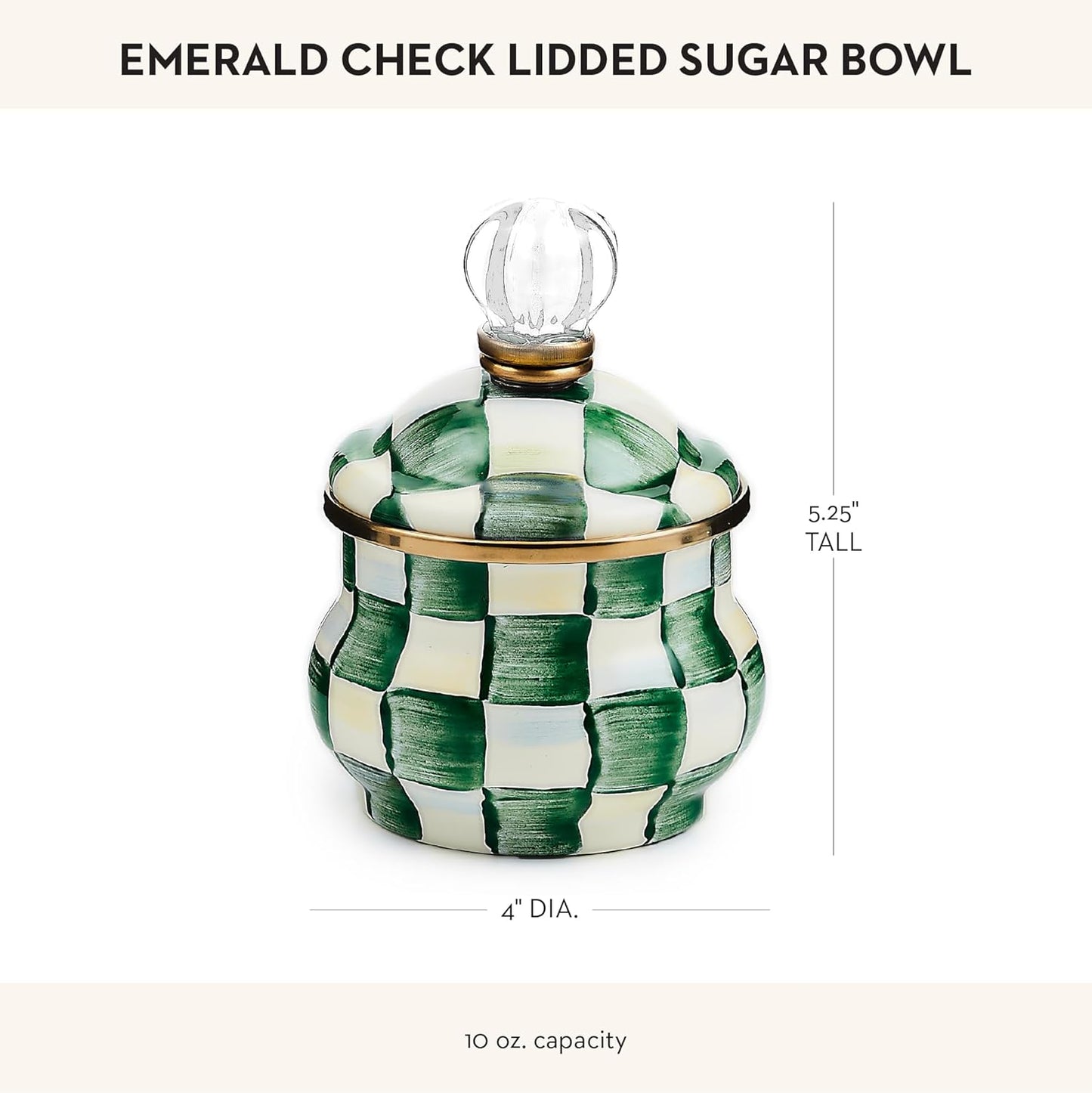 MACKENZIE-CHILDS Enamel Lidded Sugar Bowl, Small Serving Bowl with Lid, 10-Ounce Capacity, Green-and-White Emerald Check
