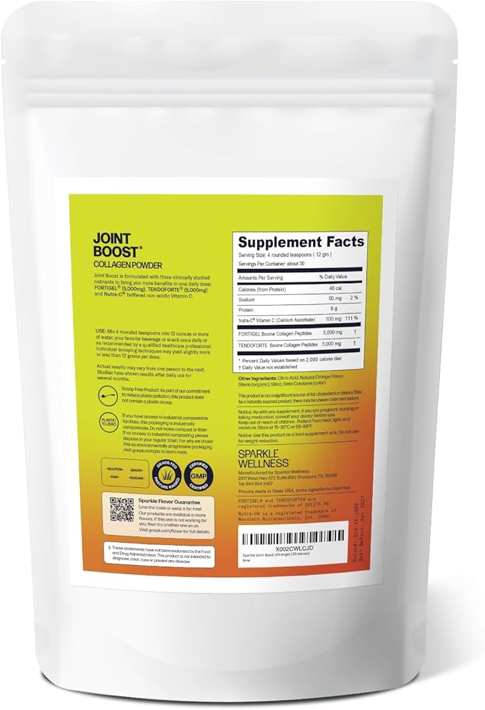 Sparkle Wellness Joint Boost (Orange) [30-Serves] | Collagen Powder Supplement with FORTIGEL & TENDOFORTE Collagen Peptides & Calcium Ascorbate Vitamin C | Supports Joint Mobility
