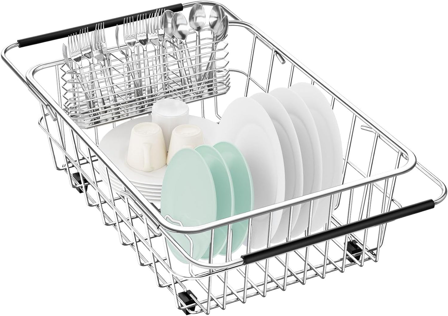 Large Dish Drainer Rack in Sink Adjustable, Expandable 304 Stainless Steel Metal Dish Drying Rack Organizer with Stainless Steel Utensil Holder Over Inside Sink Counter, Rustproof