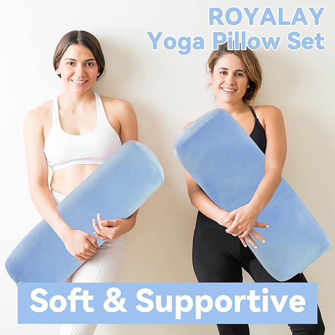 ROYALAY 2 Pcs Yoga Bolster Pillow for Restorative Yoga, Rectangular and Cylinder Meditation Pillow Set with Carrying Handles, Supportive Cushion for Exercise Workout Stretching Meditation,Sky Blue
