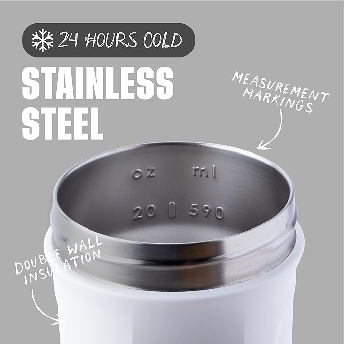 BlenderBottle Strada Shaker Cup Insulated Stainless Steel Water Bottle with Wire Whisk, 24-Ounce, White