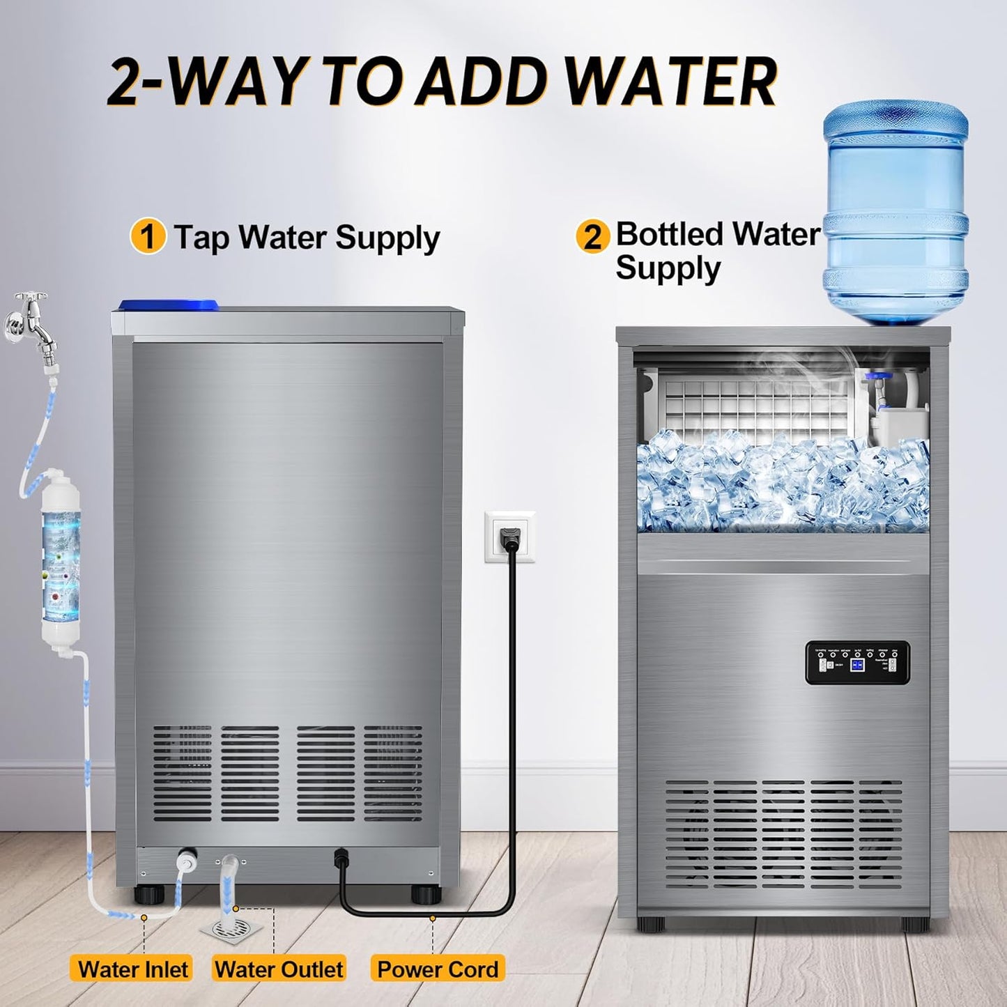 Commercial Ice Maker Machine, 140 lbs/24H with 40 lbs Storage Bin, Built in Ice Machine with 2-Water Inlet Options, Stainless Steel Under Counter Freestanding Ice Maker for Home, Bar, and Restaurant