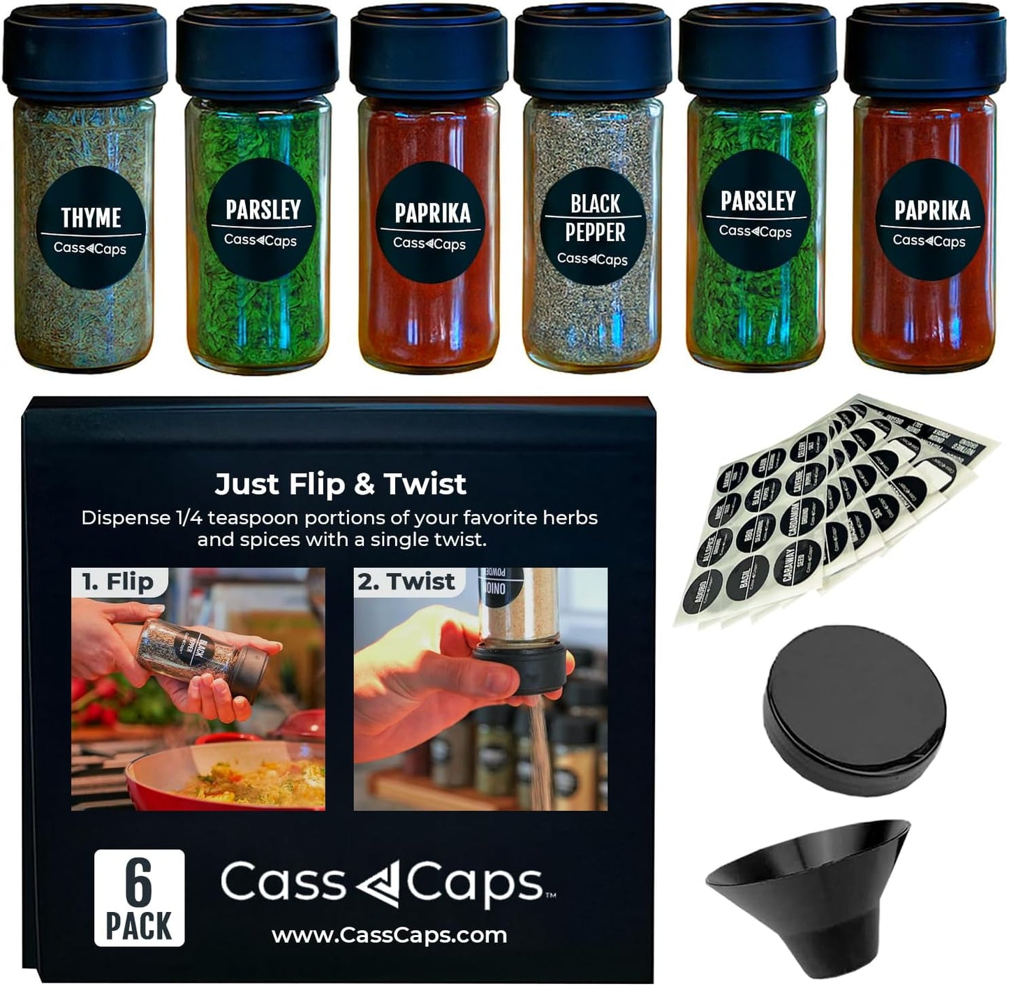 Glass Spice Jars & Measuring Cap Set - Twist to Dispense 1/4 Tsp Per Turn for Precise Cooking - Spice Jars with Lids Keep Kitchen Organized & Tidy - Enjoy Round Spice Jar Without Mess- 6 Pack