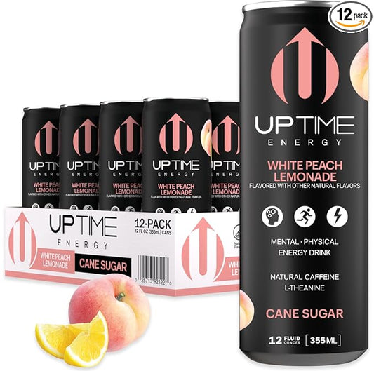 UPTIME Energy – White Peach Lemonade - Cane Sugar (12 Pack), Premium Energy Drink, 12oz Cans, Natural Caffeine, Sparkling, Natural Flavors