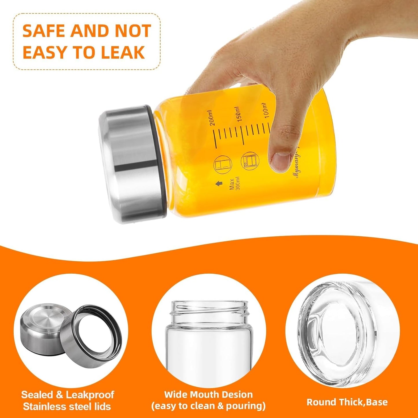 Glass Juice Bottles 4 Pack 10 oz - Wide Mouth Glass Water Bottles with Lids - for Juicing, Smoothies, Milk, Protein, BPA Free, Reusable, Stainless Steel Lids, Leak Proof, Shaker bottle (10oz/300ml)