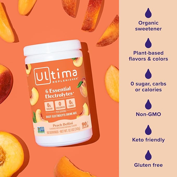 Ultima Replenisher Mocktini Electrolyte Powder Drink Mix – Sugar Free – Peach Bellini, 90 Servings – Hydration Powder with 6 Key Electrolytes and Trace Minerals – Keto Friendly, Non-GMO