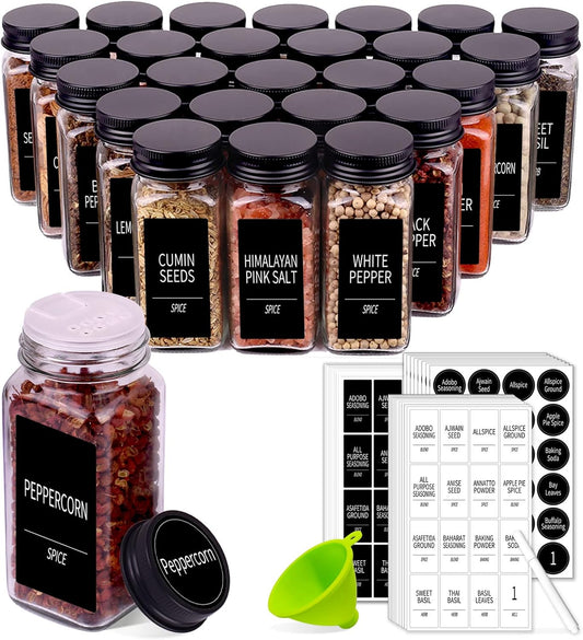 Churboro 66 Spice Jars with 547 Labels- Glass Spice Jars with Black Metal Caps, 4oz Empty Spice Containers with Shaker Lids, Funnel, Chalk Pen, Square Seasoning Bottles for Spice Rack, Drawer, Cabinet