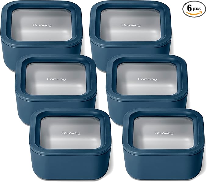 Caraway 6pc Glass Food Storage Set – 4.4 Cup Food Containers (6) - Ceramic Coated - Non Toxic, Non Stick with Lids - Microwave Safe - Navy