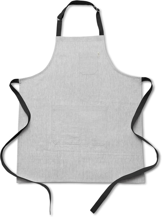 Solino Home Linen Kitchen Apron for Men & Women - 100% Pure Linen Light Grey/Black Bib Apron with Front Pockets - Handcrafted from European Flax