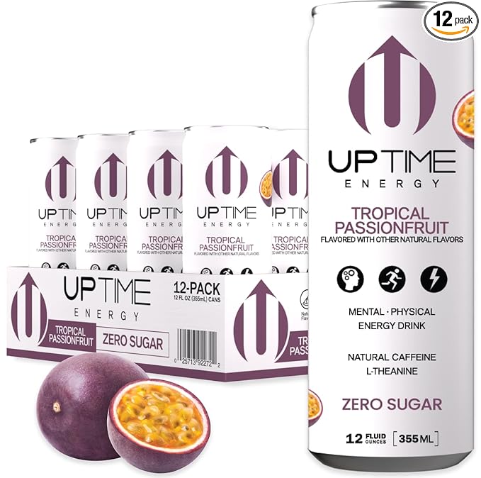 UPTIME - Tropical Passionfruit 12 Pack - Zero Sugar Premium Energy Drink, 12oz Cans, Natural Caffeine, Natural Flavors