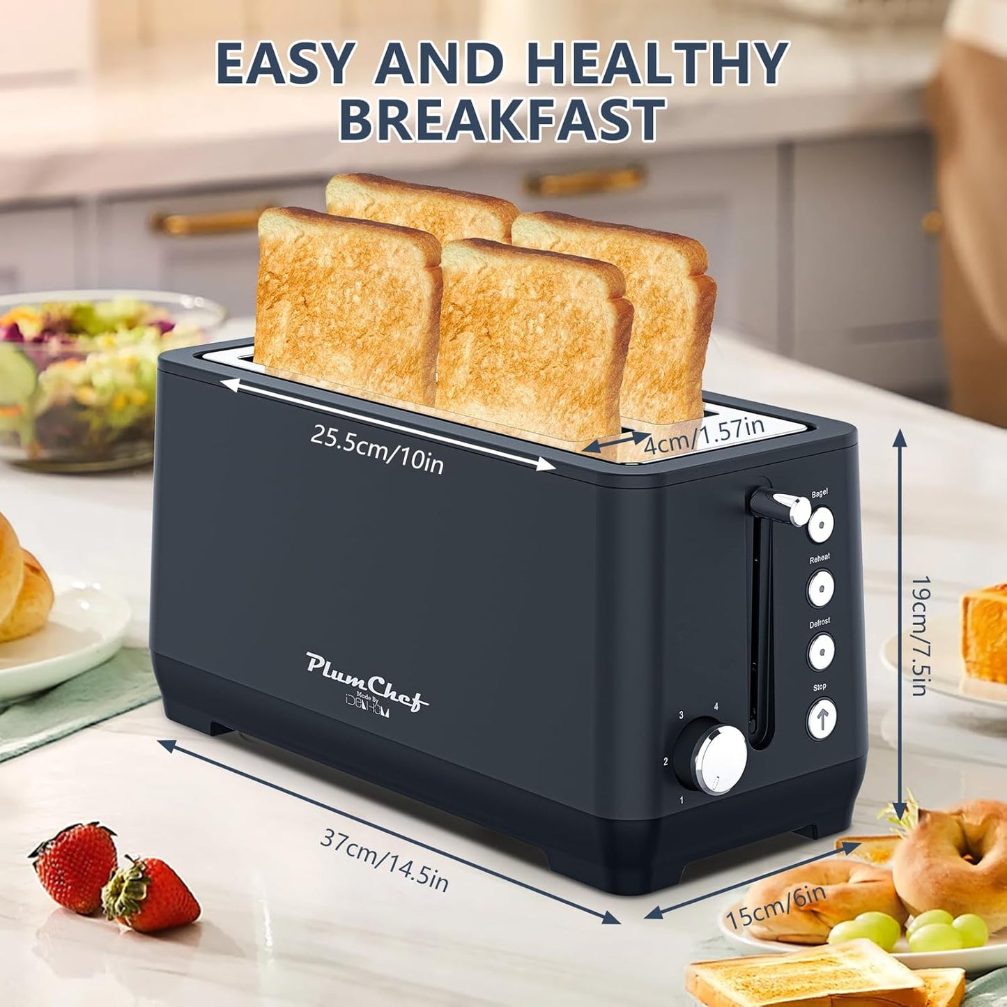 4-Slice Toaster, Extra Wide Long Slot Toaster with Warming Rack, 6 Browning Settings, Bagel/Defrost/Reheat Functions, Removable Crumb Tray, Stainless Steel Housing 1350W (1, Matte Blue)