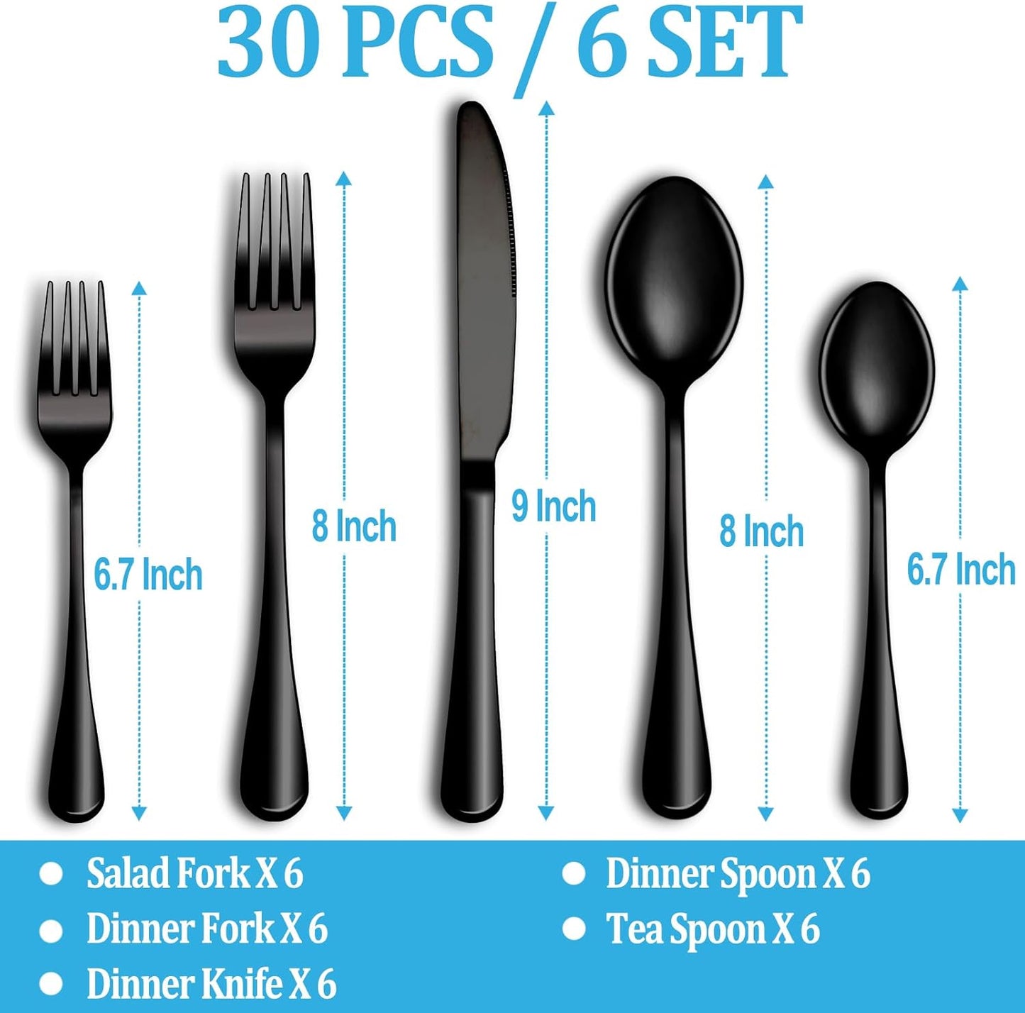 30 Pcs Black Silverware Set, Stainless Steel Flatware Set Service for 6, Mirror Polished Cutlery Utensil Set, Durable Home Kitchen Eating Tableware Set, Include Fork Knife Spoon Set, Dishwasher Safe