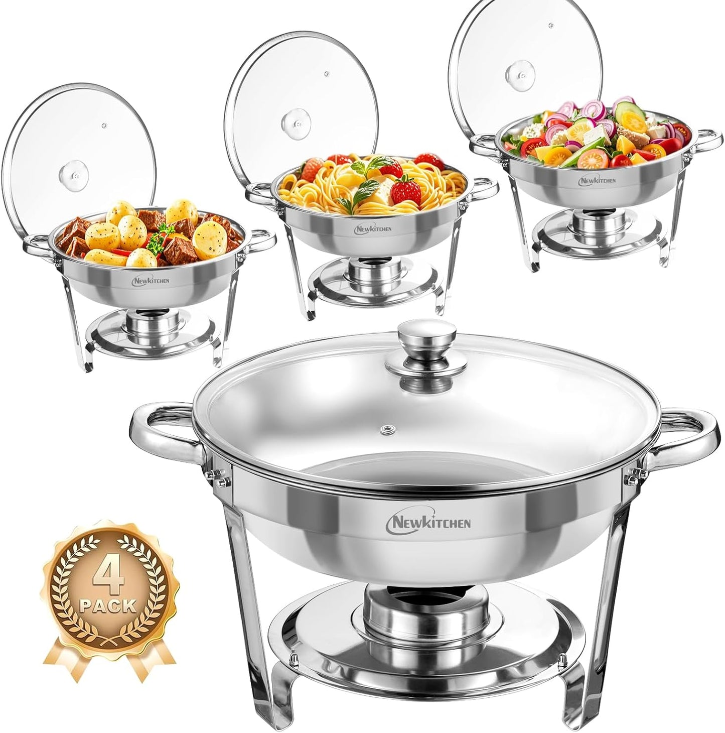 Chafing Dishes for Buffet 4 Pack, 5 QT Round Chafing Dishes for Buffet [Transparent Glass Cover] Stainless Steel Chafing Dish Buffet Set for Any Party