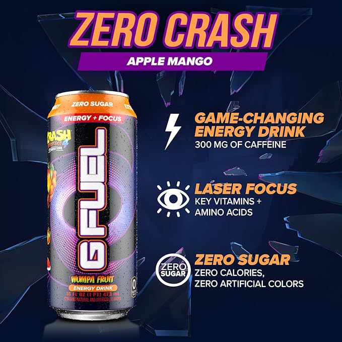 G Fuel Energy Drink, Apple Mango, Sugar Free Beverage with 300mg Caffeine, Daily Energy Boost with Focus Amino, Vitamin + Antioxidants, 16 oz Cans (Crash Bandicoot, 12-Pack)