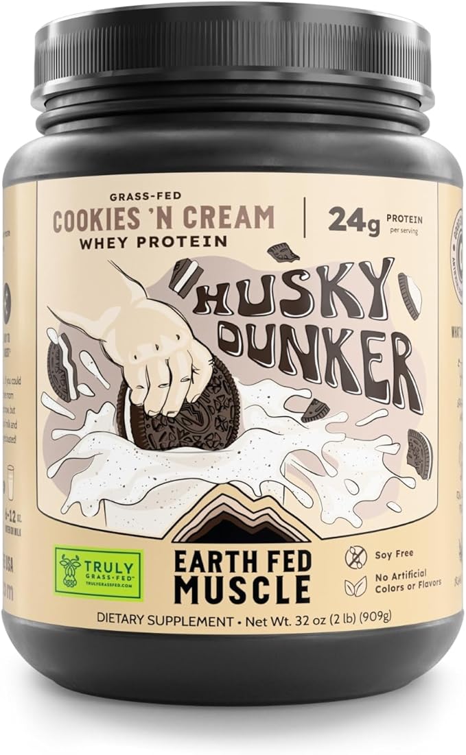Earth Fed Muscle Husky Dunker Cookies N' Cream Truly Grass Fed Whey Protein Powder - No Artificial Ingredients, Soy Free, Non-GMO and Hormone Free (2 Pound, 27 Servings, Cookies n' Cream)