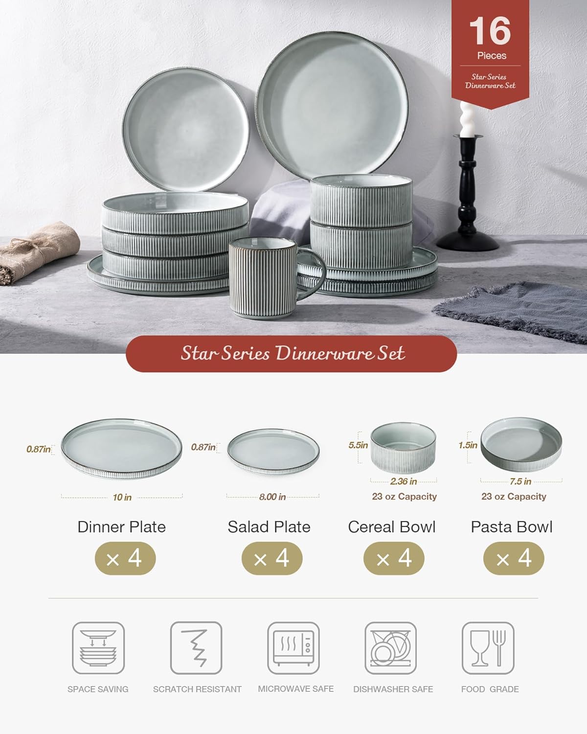 Famiware Star Dinnerware Set with Pasta Bowls, Service for 4 (16pcs), Ribbed Stoneware Plates and Bowls Dishes Sets - Chip & Scratch Resistant, Microwave & Dishwasher Safe, Smoky Blue