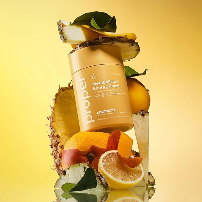 Proper, The Yellows Metabolism and Energy Boost, Sugar Free Energy Drink Powder with 100mg Caffeine. No Creatine or Beta-Alanine. 30 Servings, Pineapple Mango Drink Mix for Men and Women