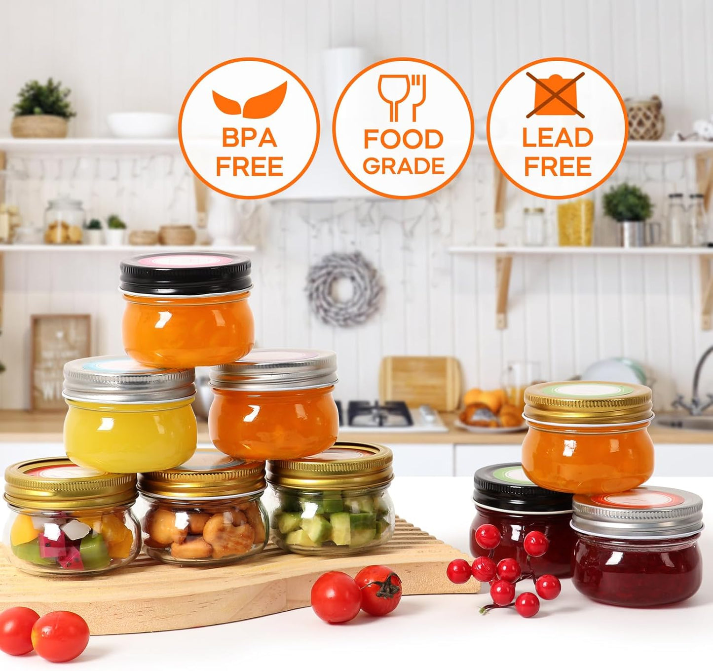 4 oz Mason Jars With Black Lid, 24 Pack Regular Mouth Canning Jars for Jam, Honey, Yogurt, Spices, Snacks, DIY Projects, Wedding Favors- Includes 30 Stickers