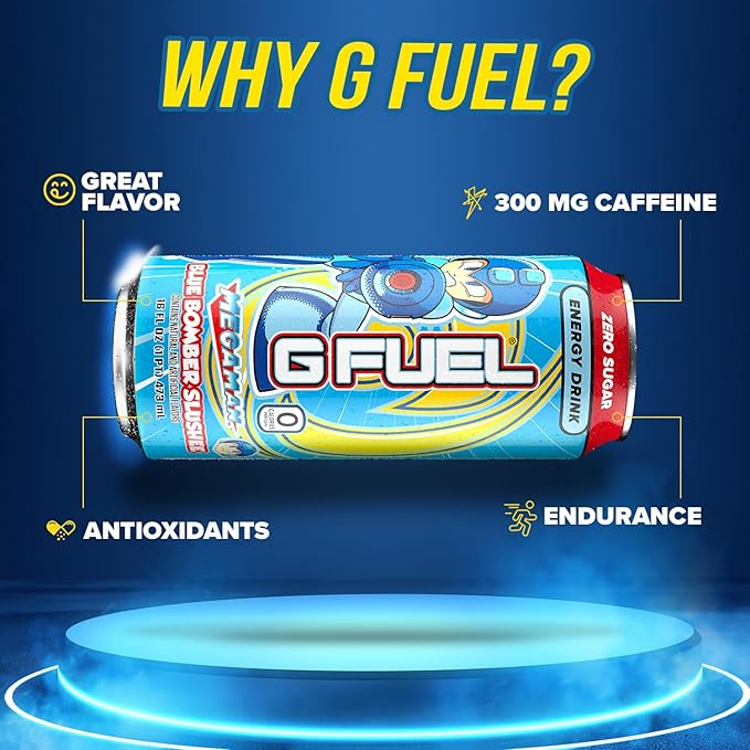 G Fuel Energy Drink, Blue Raspberry, Sugar Free Beverage with 300mg Caffeine, Daily Energy Boost with Focus Amino, Vitamin + Antioxidants, 16 oz Cans (Megaman Blue Bomber, 12-Pack)