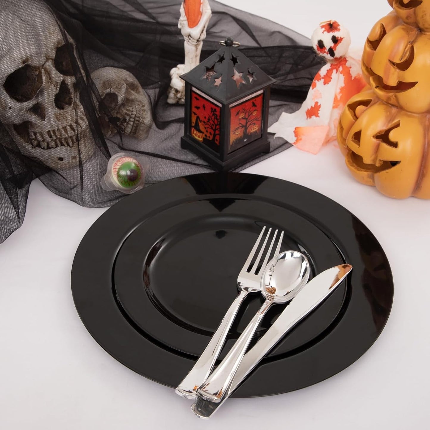 FLOWERCAT 60PCS Black Plastic Plates - Heavy Duty Black Disposable Plates for 30 guests Halloween Party/Wedding/New Year - Include 30PCS 10.25inch Dinner Plates and 30PCS 7.5inch Dessert Plates