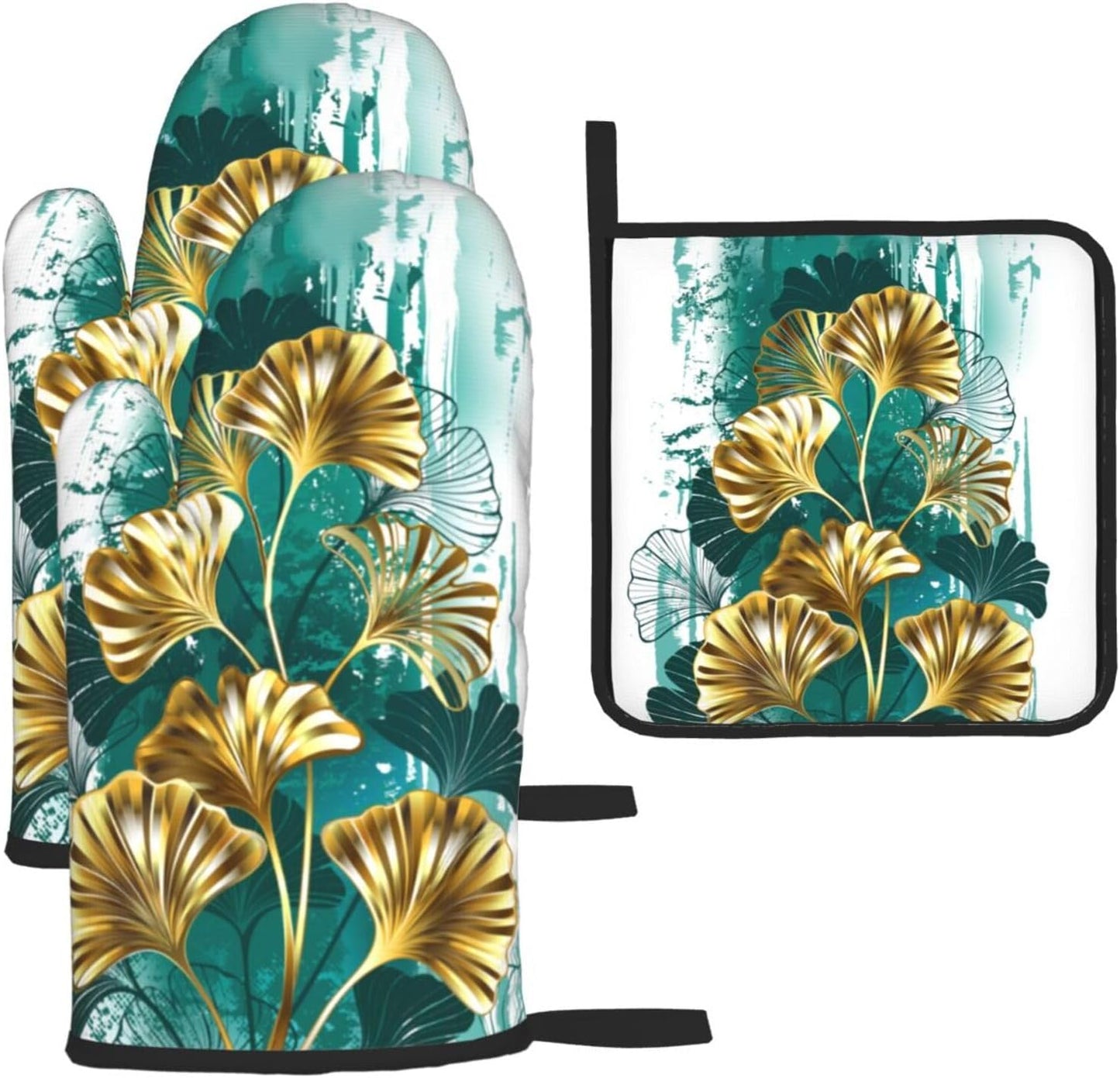Teal Gold Green Leaves Oven Mitts and Pot Holders Set Heat Resistant Non Slip Set of 3 Decorative Kitchen Gloves Hot Pads for Cooking BBQ Baking Grilling