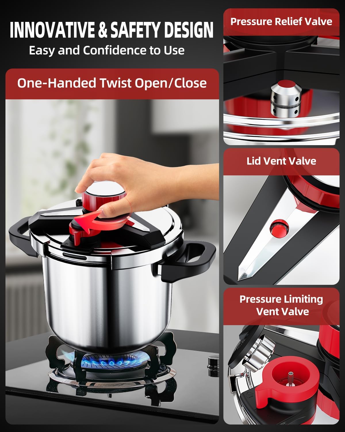 3-In-1 Stainless Steel Pressure Cooker 6.3 Quart: [Save 70% Time] [3 PSI Settings], One-Hand Locking, Induction Compatible, Glass Lid & Steamer Rack Included, Olla de Presion