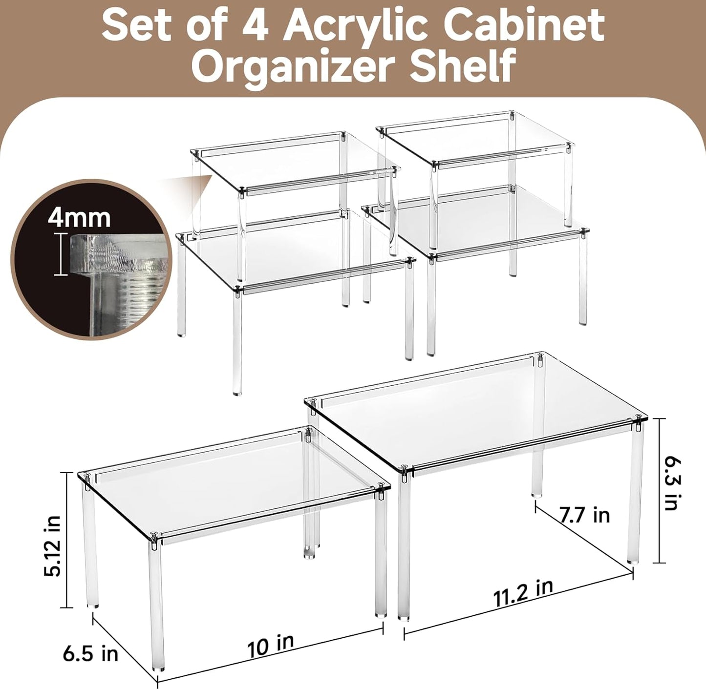 Clear Kitchen Cabinet Organizer, Set of 4 Stackable Spice Rack, Acrylic Shelves for Pantry Organizers and Storage, Tiered Spice Organization for Cabinet, Shelf Organizer for Desk Countertop