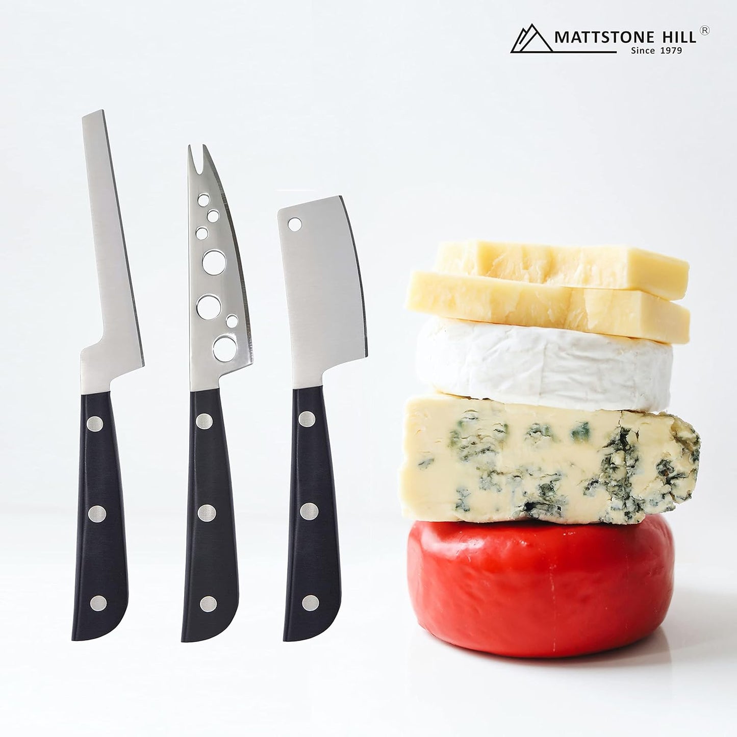 Cheese Knife Set, MATTSTONE HILL Cheese Knives - Soft & Semi Hard Cheese Knife, Soft Cheese Slicer, Cheese Cleaver, Premium Stainless Steel, Black Handle