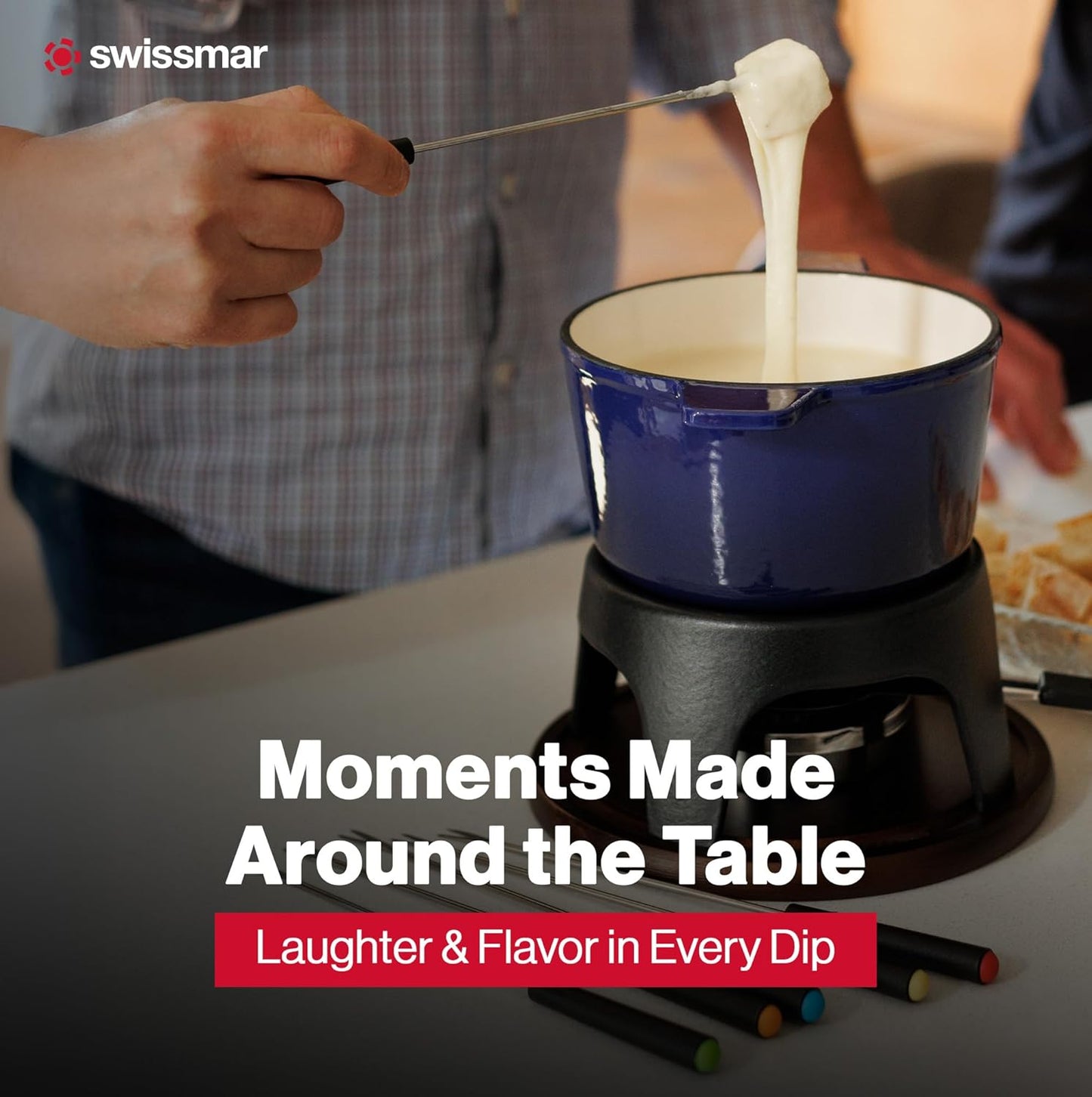 Swissmar Sierra Cast Iron Fondue Set, 1.6 Quart / 1.6 Liter – Perfect for Meat, Cheese, & Chocolate Fondues – Ideal for Family Bonding & Hosting Gifts - 12-Pieces, Deep Blue