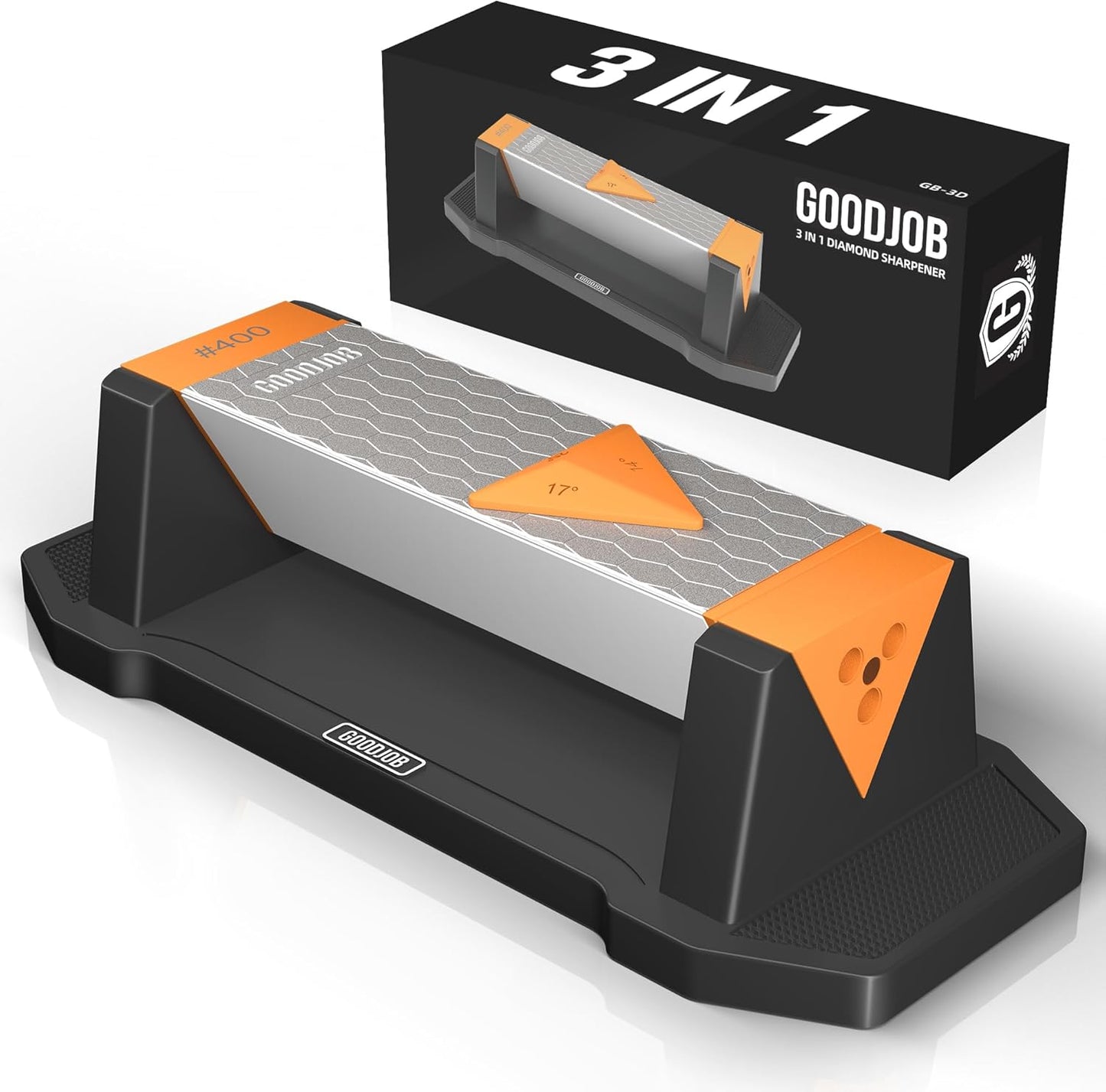 Goodjob Diamond Sharpening Stone 3 Side Grit 400/1000/8000 Premium Industrial Diamond & Ceramic Whetstone Knife Sharpener Suitable for Steel of any Hardness with Angle Guide and Non-Slip Base (GB-3D)