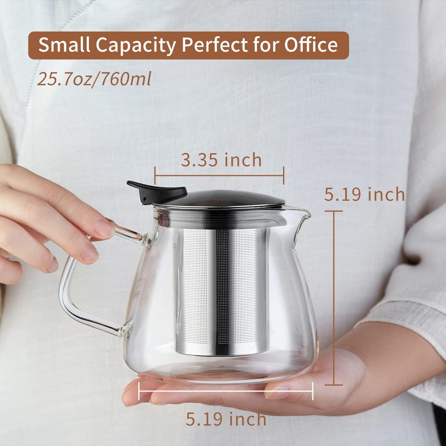Glass Teapot Tea Pot with Removable Stainless Steel Infuser, 25oz / 760ml Borosilicate Glass Tea Kettle for Office Work, Fine Strainer for Loose Leaf Tea