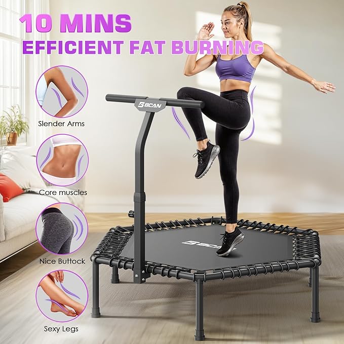 BCAN 51" Mini Hexagon Trampoline, Max Load 450 LBS Fitness Trampoline with T-Adjustable Handle Bar, Silent Bungees, Larger, More Stable, Quieter Exercise Rebounder for Adults Indoor/Garden Workout