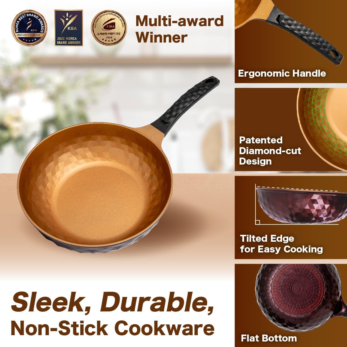 Diamond X Premium Non Stick Wok Pan - 11" Large Flat Bottom Chinese Wok - Woks & Stir-fry Pans Nonstick - Titanium-Coated 8-Layered Korean Engineered Skillet for Frying, Oil-Free, PFOA-Free