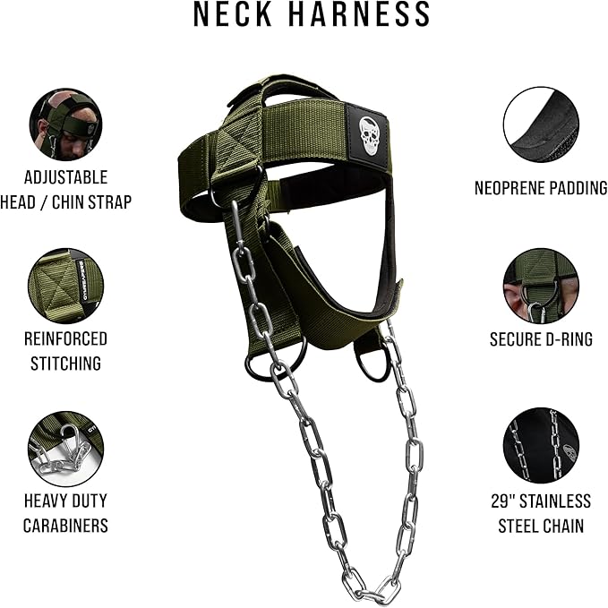 Gymreapers Neck Harness - Heavy Duty Stainless Steel Chain, Adjustable Neoprene Strap, Trainer for Strength & Pain Relief