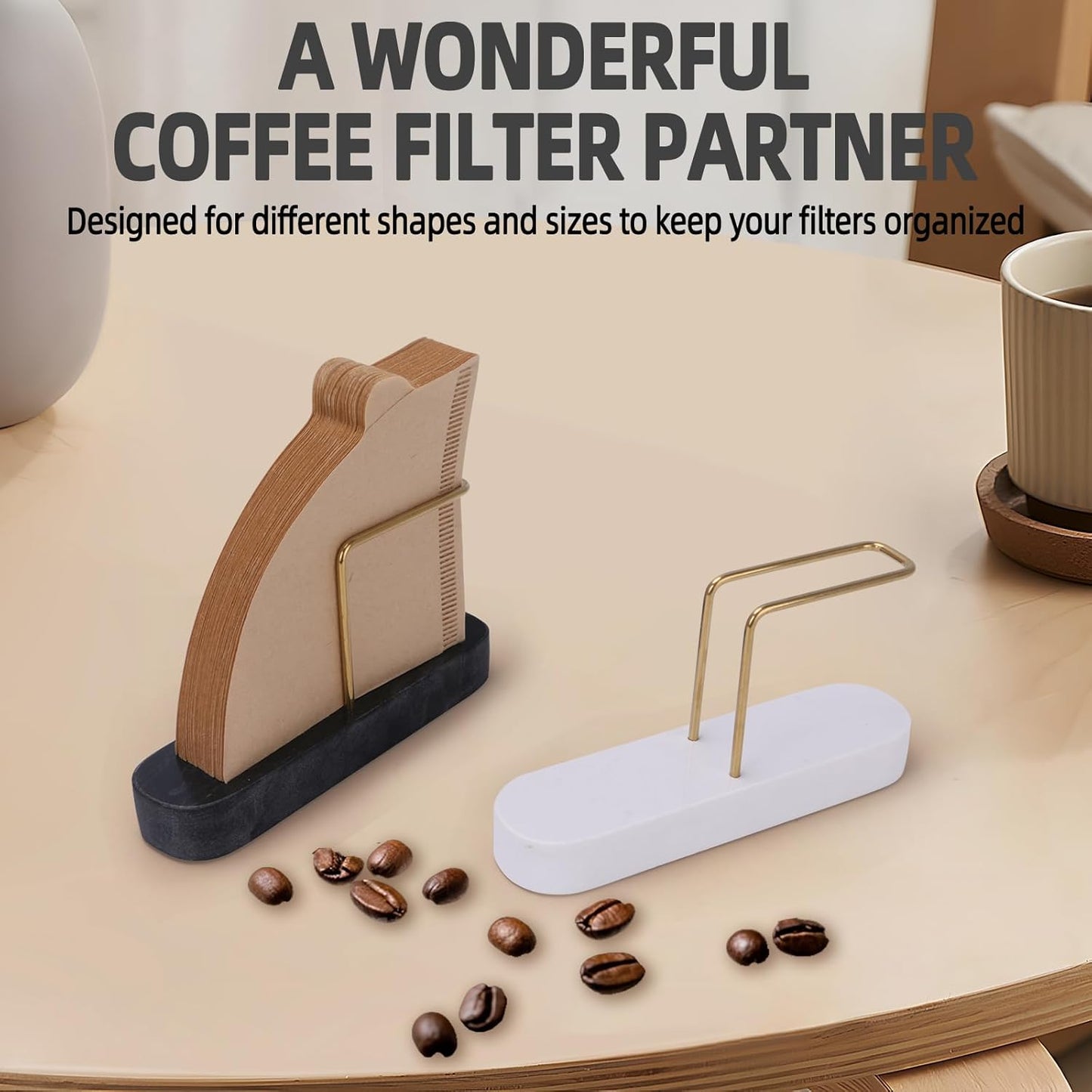 Coffee Filter Holder, Marble & Brass Cone Coffee Filters Holder Organizer Station, Stand Accessories for V60 Filters Size #01, #02 & #04, Thick and Heavy & Anti-slip (White)