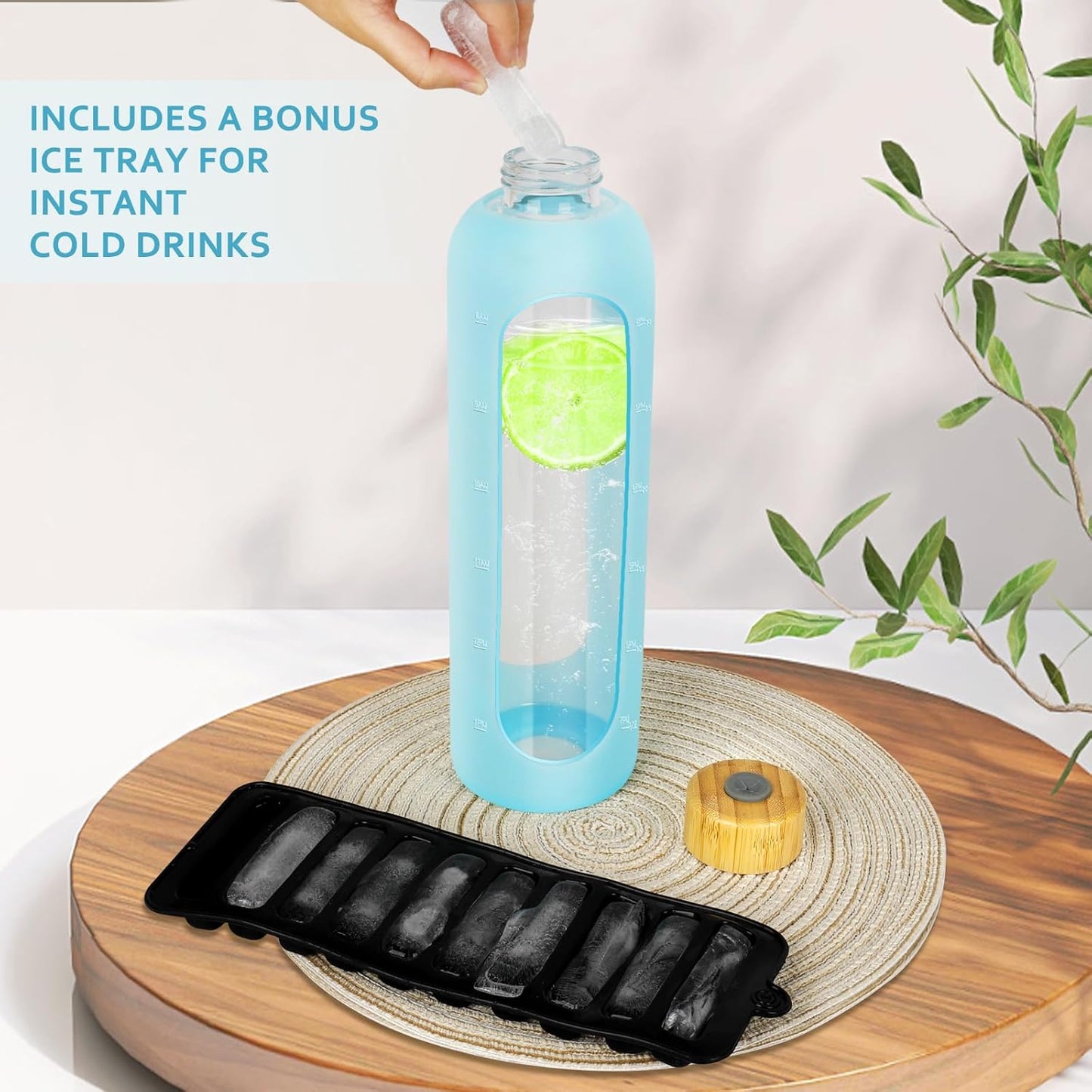 Glass Water Bottles 32 oz - Motivational Drinking Glass Water Bottle with Silicone Sleeve, Straw & 2 Bamboo Lids - 1 Liter Clear Borosilicate Daily Intake Tumbler with Time Marker - Glow in Dark