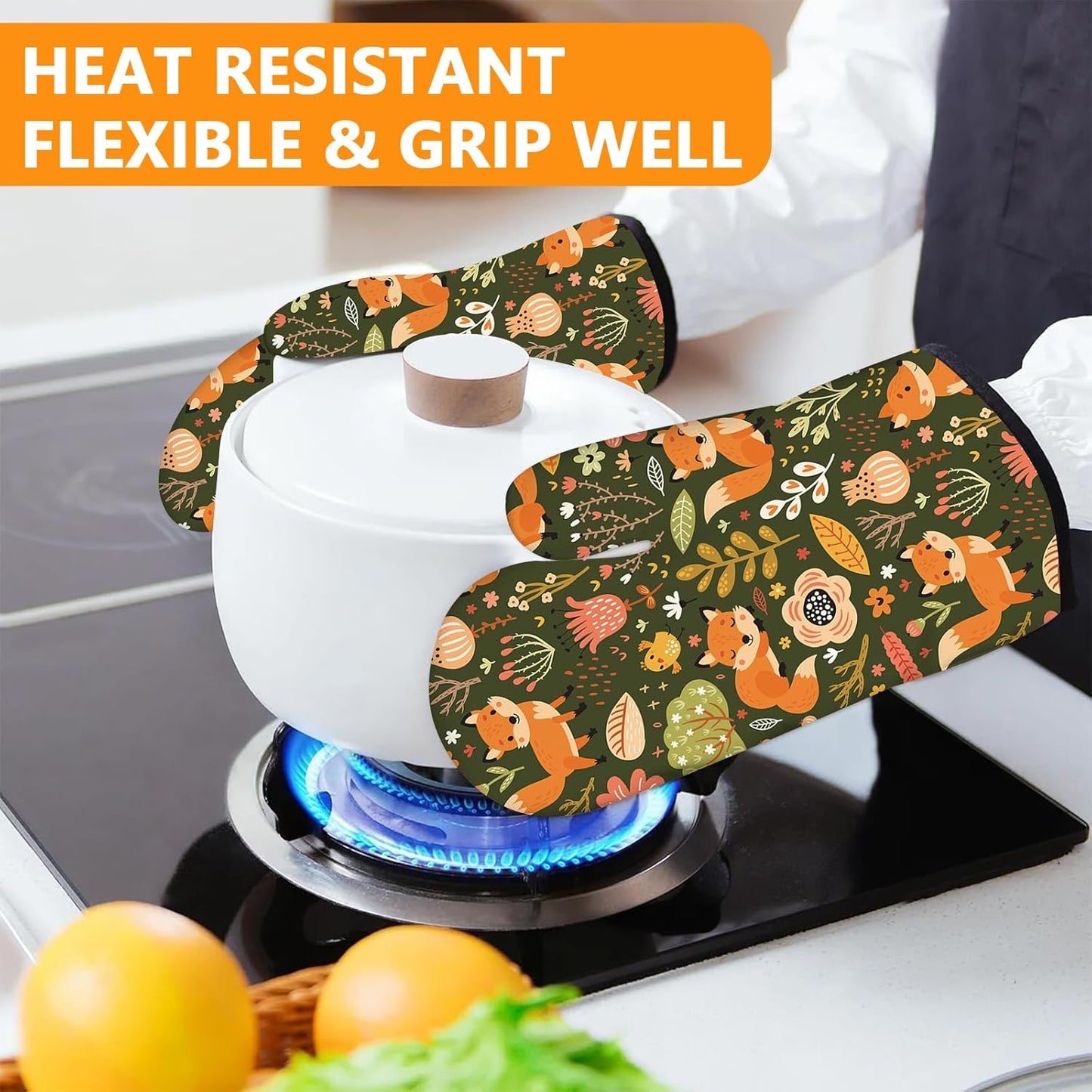 Fox Oven Mitts and Pot Holders Sets 4Pcs,Extra Long Oven Gloves Potholder for Kitchen Cooking Baking BBQ 100% Cotton Heat Resistant