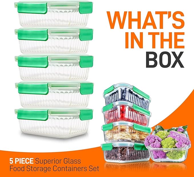 NutriChef 10-Piece Superior Glass Food Storage Containers Set (5 Containers + 5 Locking Lids),Stackable Meal-prep Design, BPA-free Airtight Clear Locking lids with Vent Lids & Air Hole, Wave
