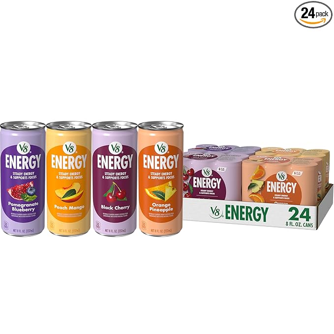 V8 +Energy Peach Mango, Orange Pineapple, Black Cherry and Pomegranate Blueberry Juice Energy Drinks, 8 fl oz Can (24 Pack)