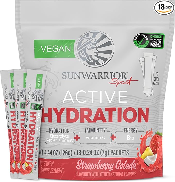 Sunwarrior Hydration Powder Electrolyte Packets Powder | Strawberry Colada Flavored | 18 Stick Packs 126g Pouch | Vegan and Plant-Based Sugar Free | B12 Elderberry and Electrolytes | Active Hydration