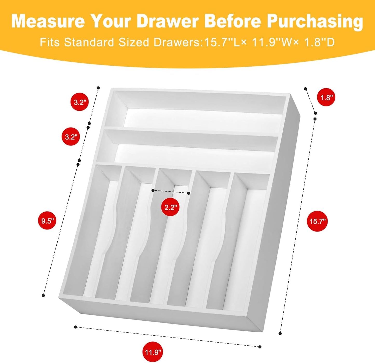 Kitchen Bamboo Silverware Organizer, Kitchen Drawer Organizer - Utensil Holder and Cutlery Tray with Grooved Drawer Dividers for Flatware 7 Slot, White