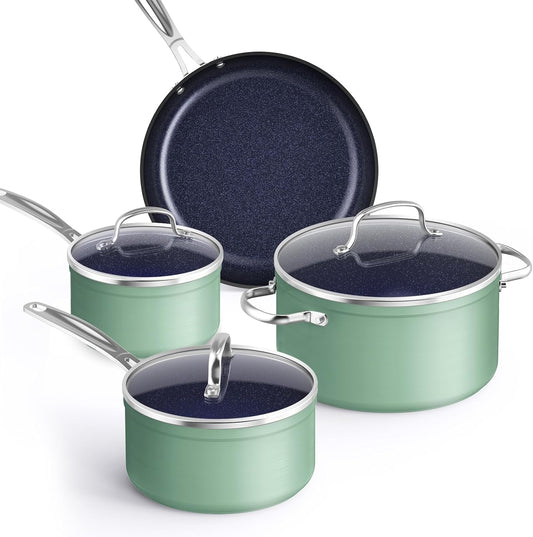 Nuwave Healthy Duralon Blue Ceramic Nonstick Coated 7pc Cookware Set, Scratch-Resistant Diamond Infused, PFAS Free, Induction Ready & Evenly Heats, Oven Safe, Tempered Glass Lids