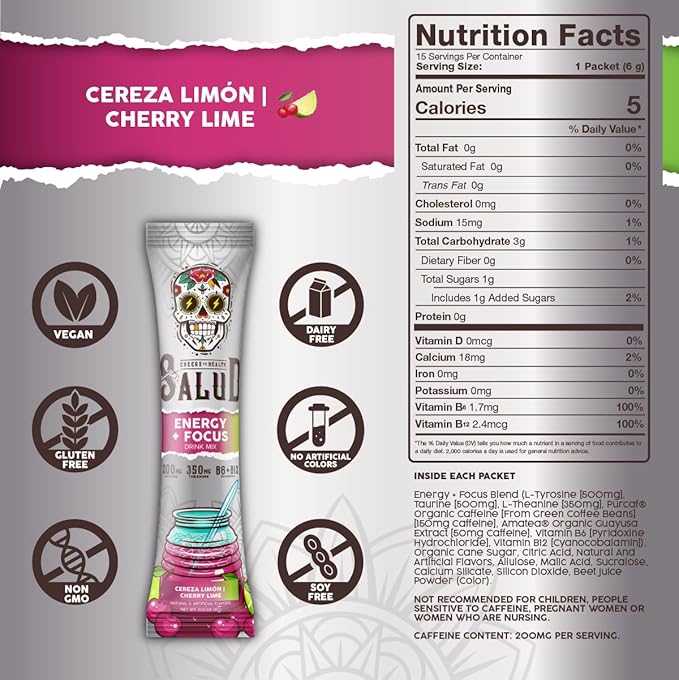 Salud 2-in-1 Energy Drink Powder + Focus, Cherry Lime, Organic Caffeine, B6 + B12, Theanine, Clean Energy Drink Packets, Agua Fresca Mix, Non-GMO, Gluten Free, Vegan, 1g of Sugar, (15 Servings)